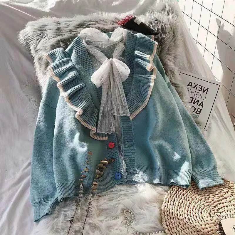 

Sweet Lotus Sweater Coat Women's Ruffles Knitted Cardigan Spring Autumn Outwear Long Sleeve Single-breasted OL Tops Sueter Mujer