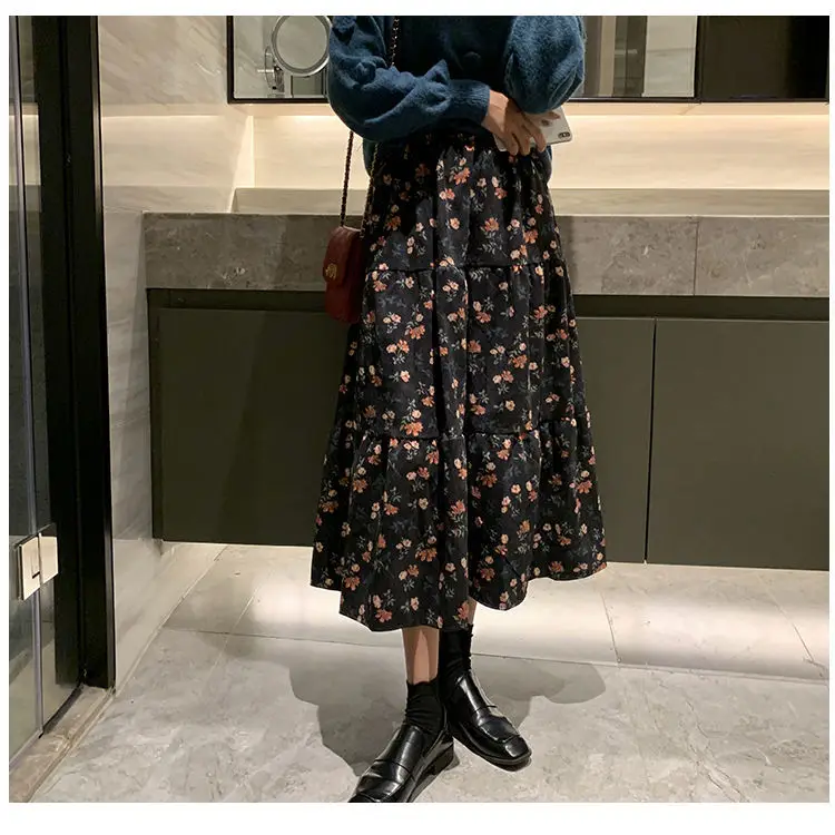 

Women 2021 Autumn Winter Vintage Floral Print A-line Pleated Corduroy Skirts Female Fashion Skirt Elastic Waist Midi Skirt A474