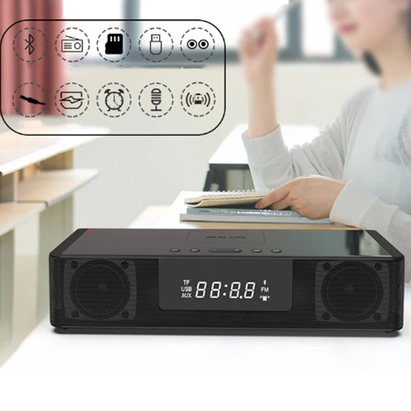 2In1 Беспроводной быстрой зарядки Bluetooth Динамик часы/FM радио светодиодный часы