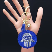 islam hamsa hand blue crystal bag accessories alloy blue tassel hand of fatima key chains muslim jewelry porte clefs k7890s01