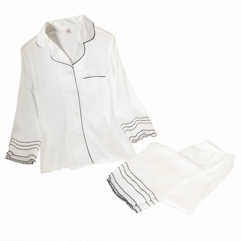 

White Female Sleepwear Sexy Spring New 2PCS Sleep Set Satin Long Sleeve Nightwear Pajamas Suit Casual Satin Home Clothing
