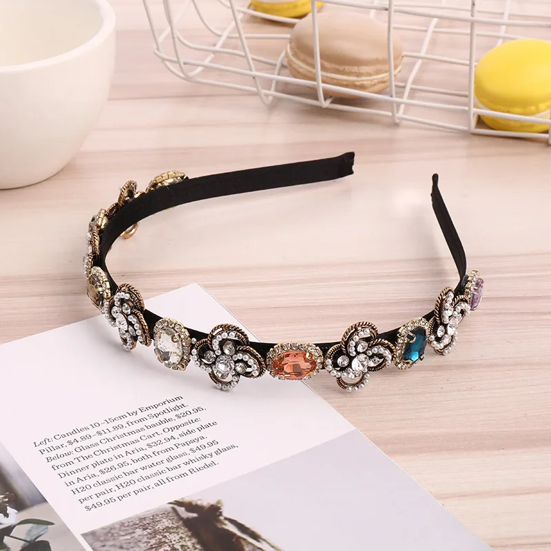 

European And American Retro Baroque Hairband Color Diamond Hairpin Pearl Hairband Anti Slip Pressing Headband Trinket