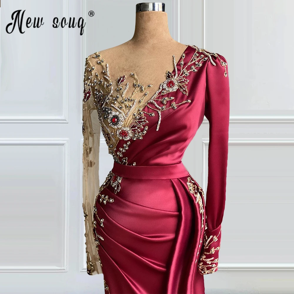 

Burgundy V Neck Beaded Tulle Long Evening Dress 2022 Illusion Mermaid Prom Party Gowns Women Satin Kaftans vestido de festa