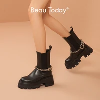 beautoday ankle boots chelsea women calfskin leather platform sole metal chain elastic band female chunky shoes handmade 03569