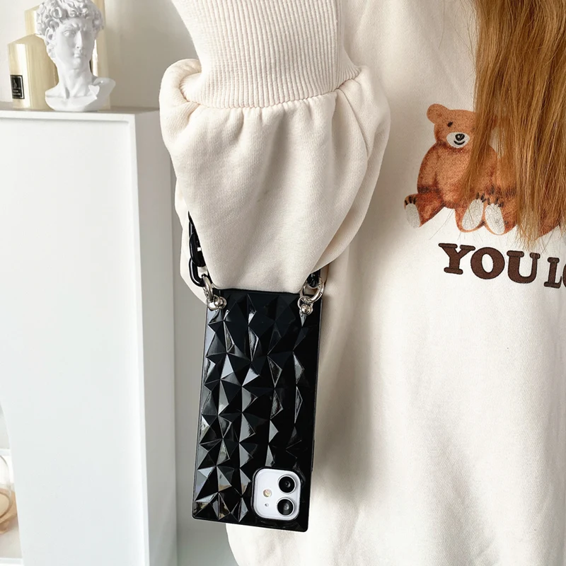 

Diamond Square Shockproof Phone Case For Iphone 12 11 Mini Pro Max Portable Necklace For Apple XS XR TPU Anti Fall Back Cover