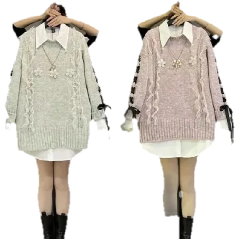 

Ropa Mujer Women's Autumn Winter Female Fashion Sweater Harajuku Lace Waist Thinning, Age-reducing, Style Long Sleeve Loose