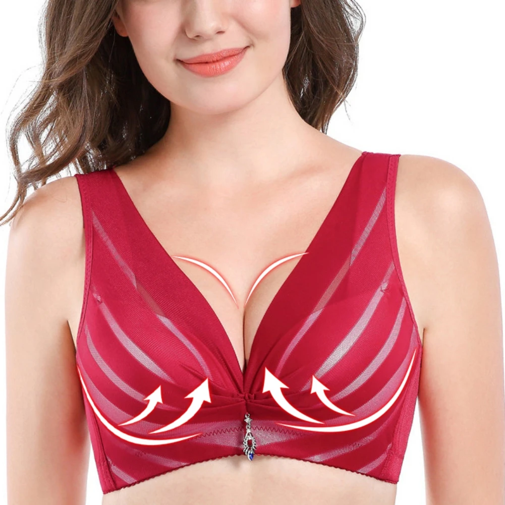 

Push Up Wide Strap Bra For Women Sexy Bras Mesh Stripe Pattern Comforty Soft Smooth Adjustable Side Gathering Bralette