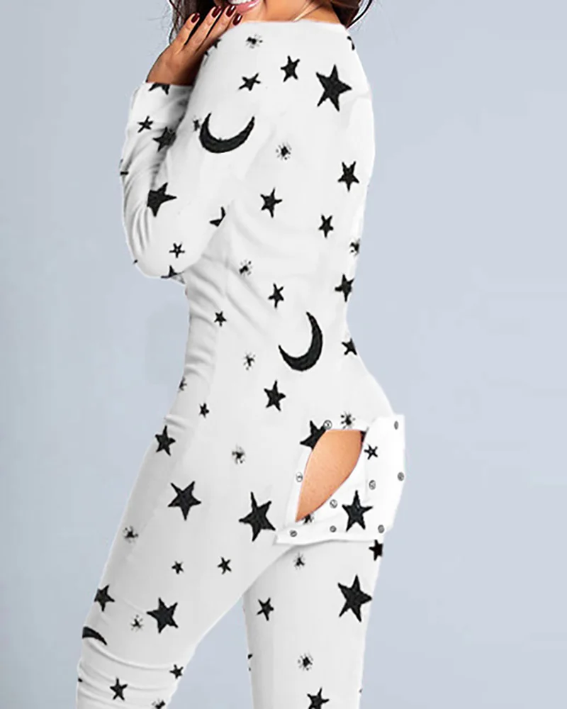 

2020 Women Fashion Elegant Casual Star Moon Print Functional Buttoned Flap Adults Pajamas