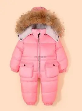 pink Зимний детский комбинезон куртка-пуховик детский зимний комбинезон для маленьких мальчиков и девочек настоящий комбинезон с мехом Зимние Детские Утепленные Пальто - Цвет: pink
