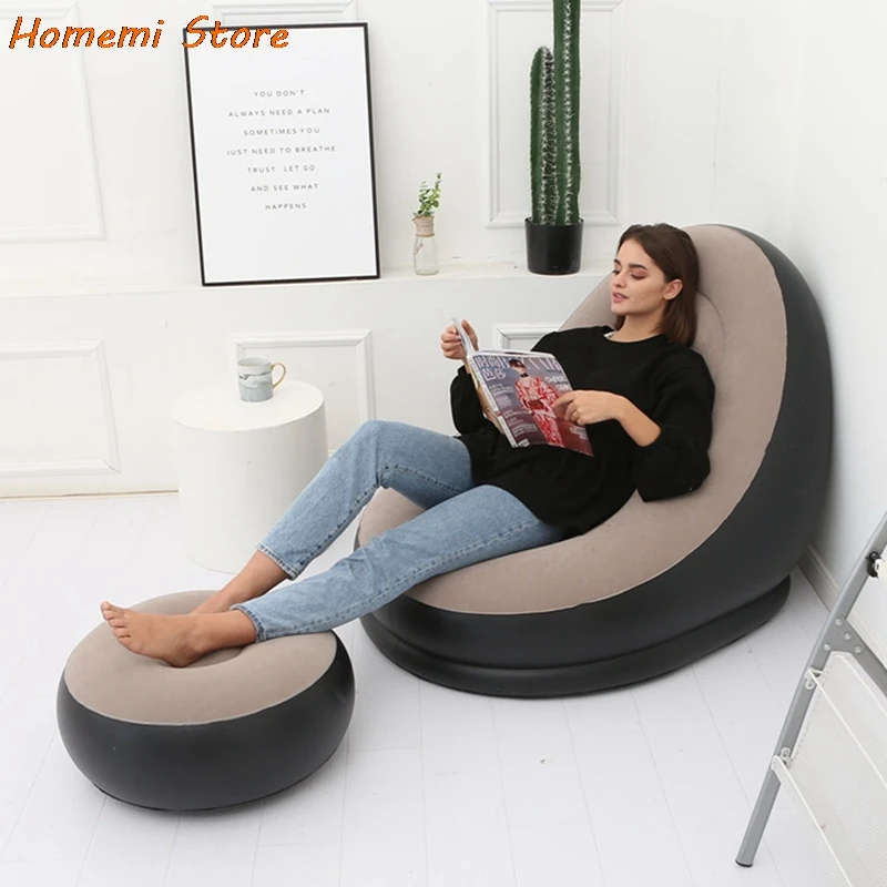 

New Inflatable Sofa Lazy Sofa Bed With Footstool Outdoor Foldable Recliner Brown Bedroom Flocking Lazy Couch