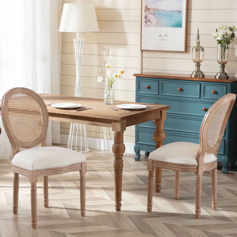 

2 Pcs Upholstered Fabrice With Rattan Back French Dining Chair With Rubber Legs Luxurious Dressing Chair Diningroom Furniture