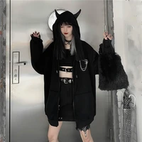 autumn and winter female harajuku punk gothic girl black devil horn hooded sweater japanese sweater popular loose long sleeved x