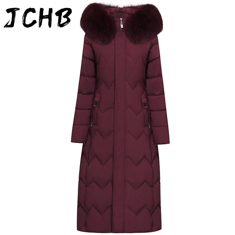 

JCHB 2021 Women's Winter X-long Parkas Hooded Slim Office Ladies Female Jacket With Fur Collar Plus Size Thick Solid Coats Outwe