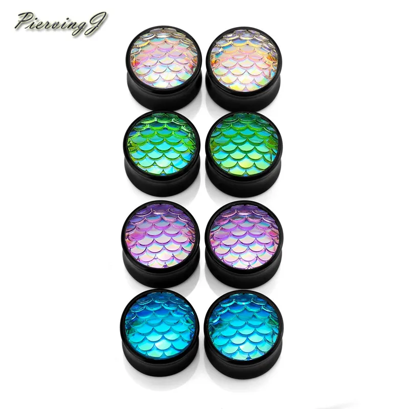 16mm mixed color Пирсинг J двойные вспышки Твердые Акриловые тоннели Для Ушей Пробки измерительные приборы 6-16 мм чешуя Русалки цвета - Окраска металла: 16mm mixed color