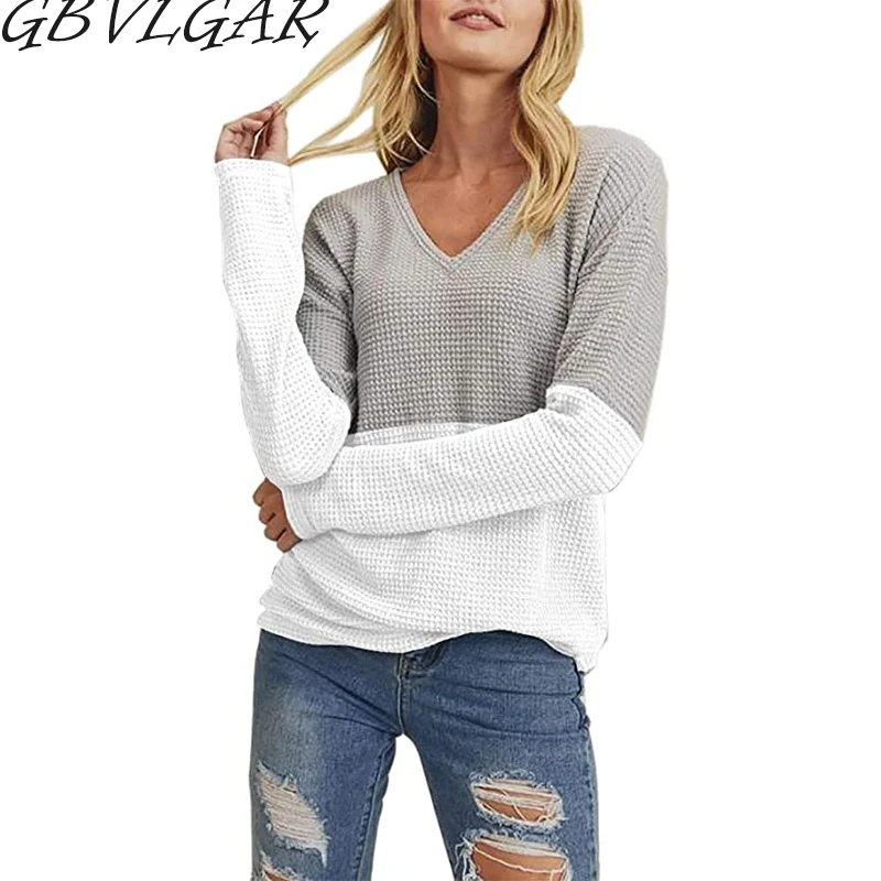 

Women V Neck Patchwork Pullover Sweater Woman Casual Striped Long Sleeve Knitted Sweater Top Winter Elegant Pullover Jumpe