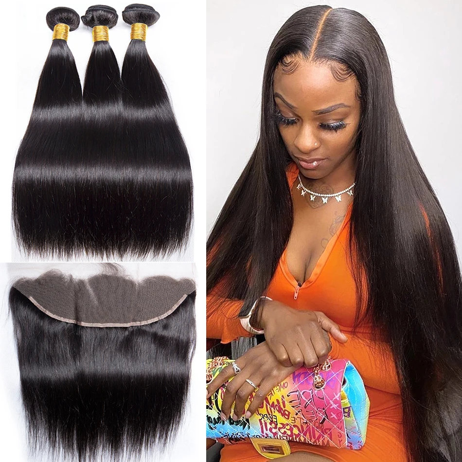 

100% Straight Human Hair Bundles With Closure 13x4 Frontal With Bundles Brazilian Hair Weave Bundles With Closure AHJF Hair
