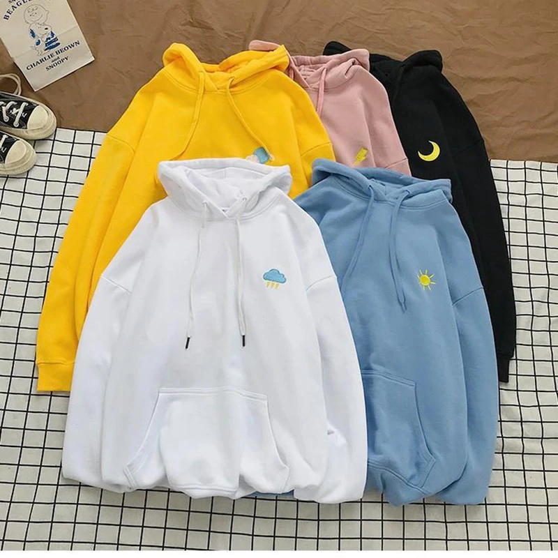 

2020Autumn winter Korean hoodie sun moon embroidery women's long-sleeved hooded sweatshirt Harajuku loose casual hoodie