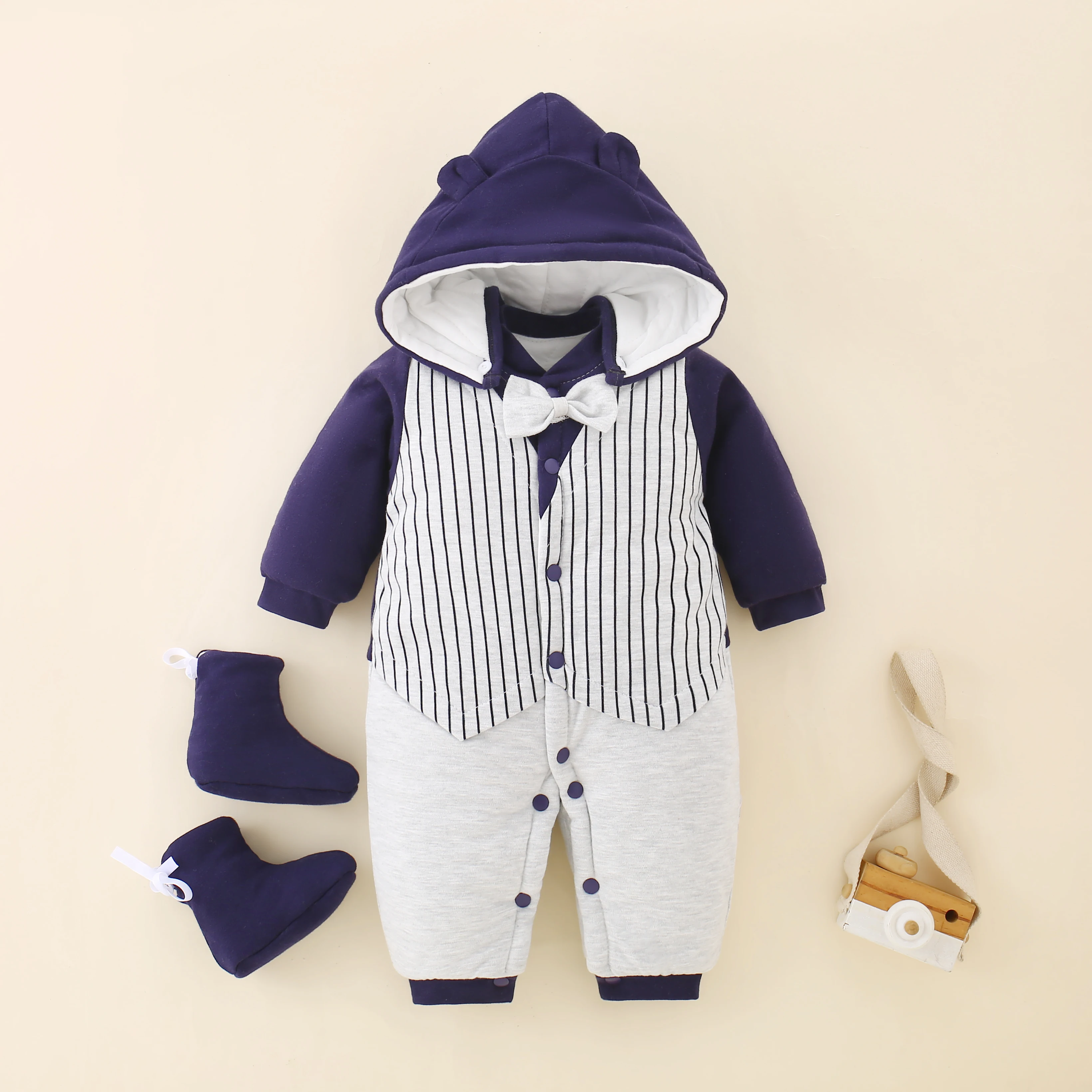 

Newborn Winter Hooded Romper Jumpsuit for Baby Toddler Overalls Stripe Thick Warm Baby Boys Rompers Infant Clothing Sets Outfits