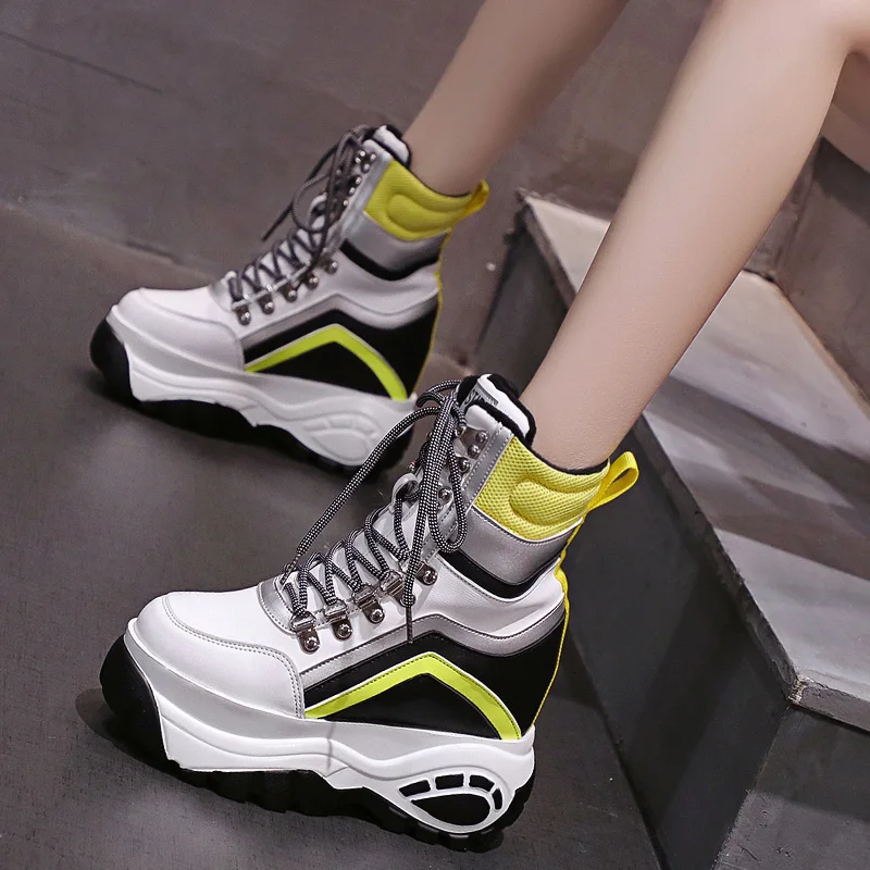 

Winter Warm Punk Boots Women Leather Platform Sneakers Autumn 12CM Wedge Heels Mid-Calf Boots Woman Motorcycle Boots Snow Shoes