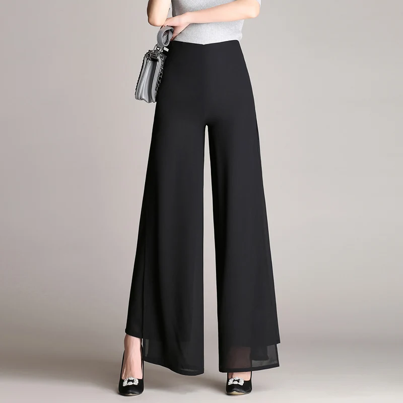 

Black Full Pants Casual High Waist Loose Ladies Office Trousers Women Summer Fashion Pocket Chiffon Korean Wide Leg Pants 4XL