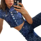 Женский укороченный топ, однобортная блузка с цветочным принтом, отложным воротником и коротким рукавом, для лета, SML