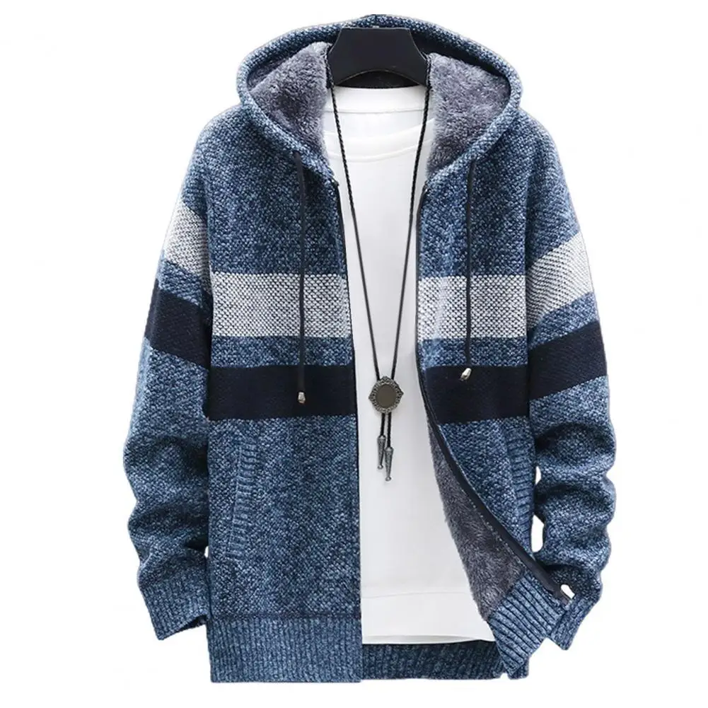 

Coat Men Autumn Winter Men Long Sleeve Knitted Hooded Cardigan Zip Plush Color Block Coat