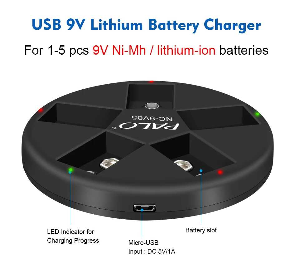 Зарядное устройство PALO USB 6F22 9 в зарядка для литиевых аккумуляторов 1-5 шт. В