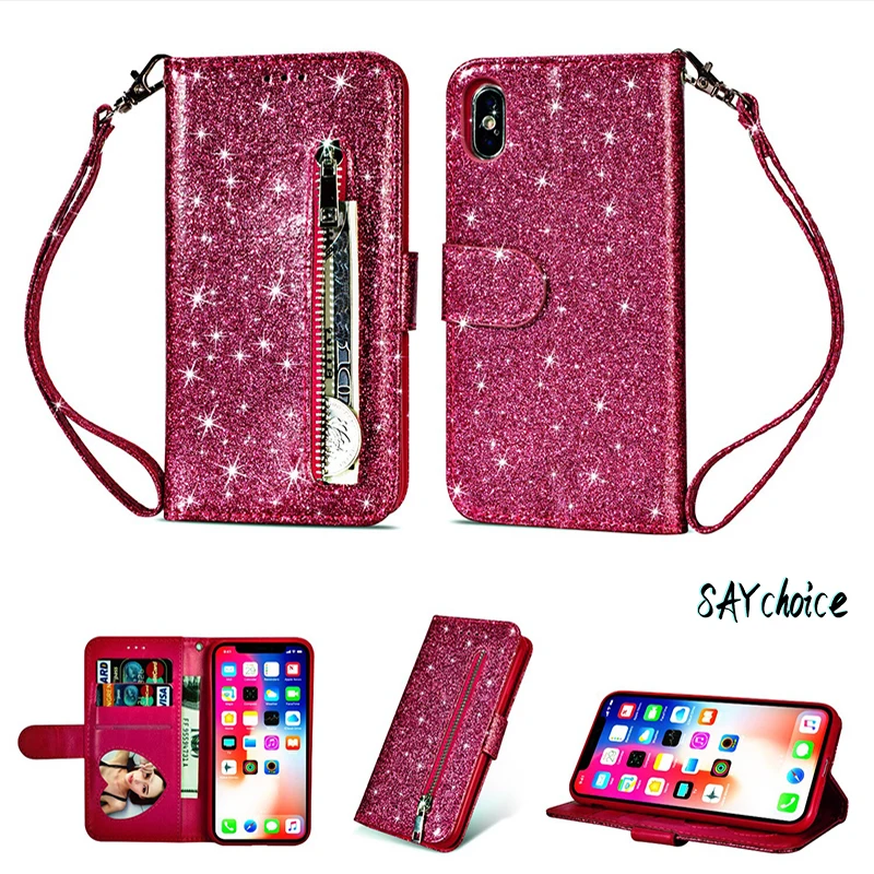 

SAYchoice For Samsung S 6 7 Edge Glitter Mobile Phone Case NOTE 8 9 Plus Multifunctional Case note10 ProZipper Wallet Style