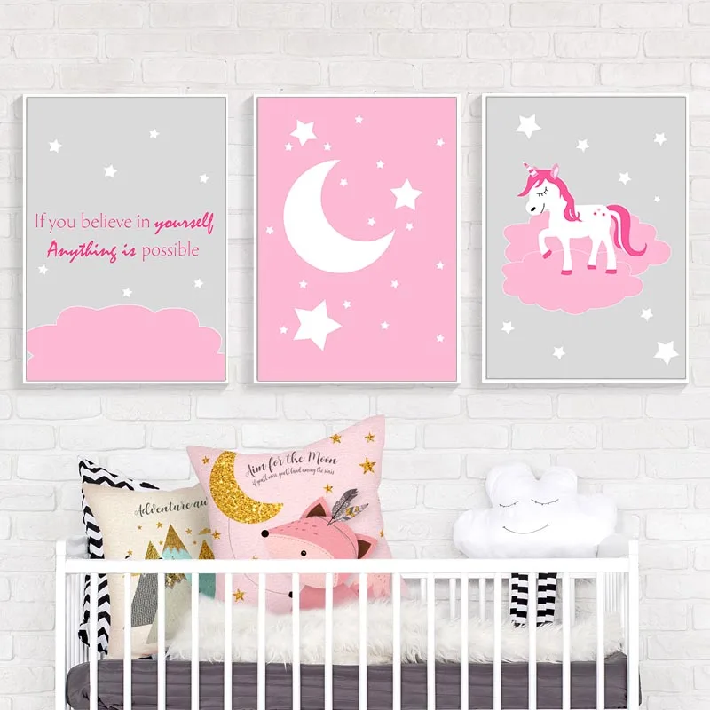 

Единорог Луны Детская Wall Art Холст плакат милый мультяшный принт картина северных дети фотографии для украшения в спальню