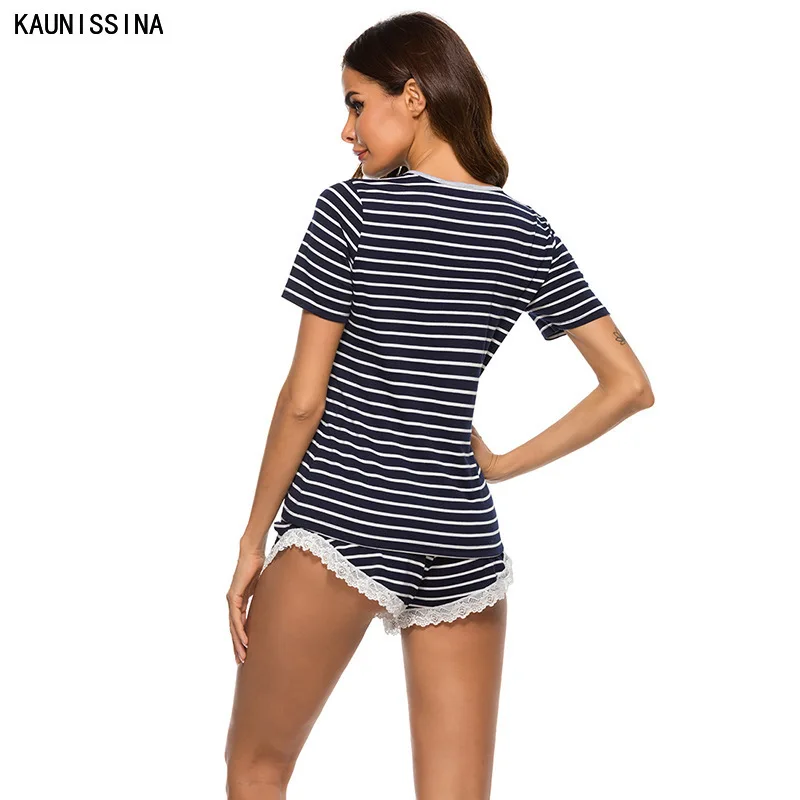 

Summer Pajamas Set Sleepwear Women O-Neck Sleeveless Short Sleeve T-shirts Shorts Lace Trim Striped Pajama Set Lounge Nightwear