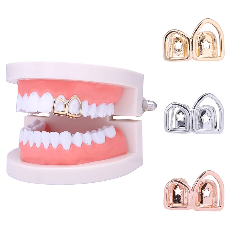 

Hot Sale Hollow Open Face Double Tooth Grillz Yellow Gold Color Plated Top Two Right Canine Teeth Grills Caps