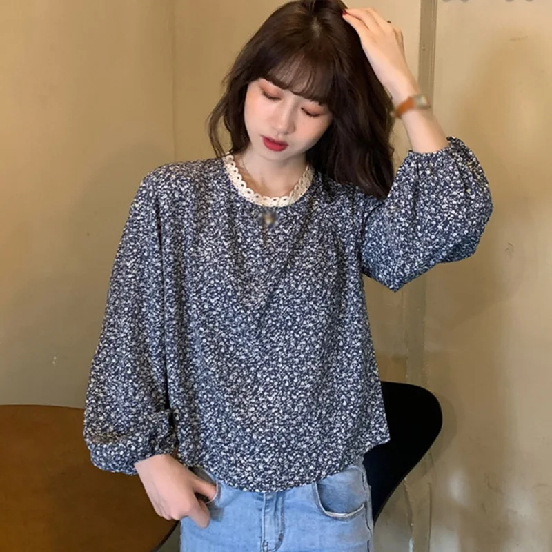 

Women's Shirts Floral Print Blouses Spring Autumn Lace Round Neck Sweet Casual Long Sleeve Chiffon Blouses W1
