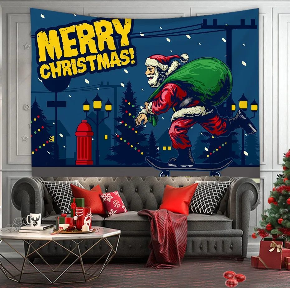 Christmas Tree Print Tapestry Wall Hanging Background Cloth Decor Red Santa Claus Polyester Home Room Decoration | Дом и сад