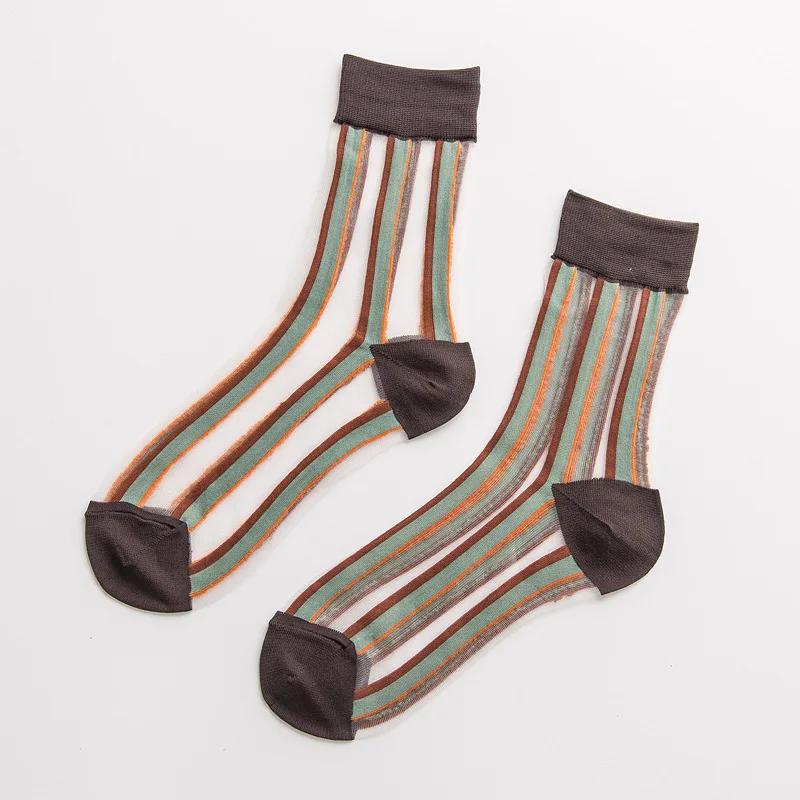 

Spring New Women Transparent Silk Crystal Thin Socks Fashion Harajuku Funny Colorful Striped Long Socks Casual Female Stockings