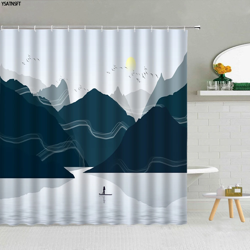 

Chinese Landscape Shower Curtain Set Scenery Misty Mountains Traditional Ancient Chinese Ink Painting Art Bathroom Decor Curtain