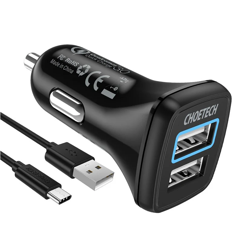With Type C Cable Автомобильное зарядное устройство CHOETECH 30 Вт с двумя usb-портами, быстрая зарядка 3,0, зарядное устройство для мобильного телефона iPhone 11 Pro Max samsung Xiaom huawei, автомобильное зарядное устройство - Тип штекера: With Type C Cable