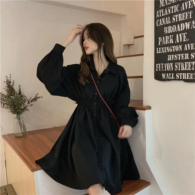 

Woman Dress Long Sleeve Preppy Style Solid Sweet undefined Dresses Simple Elegant Pleated Japanese Students Womens Streetwear