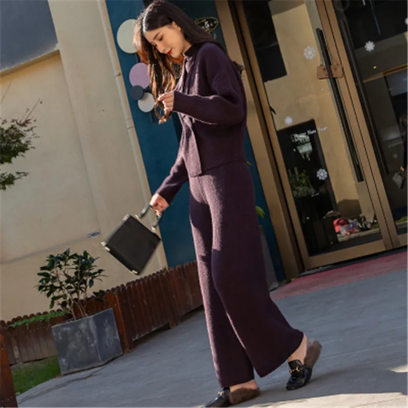 

CBAFU sweater coat knit vest loose pants women autumn winter 3 piece set turtleneck vest wide legs pants suit solid M141