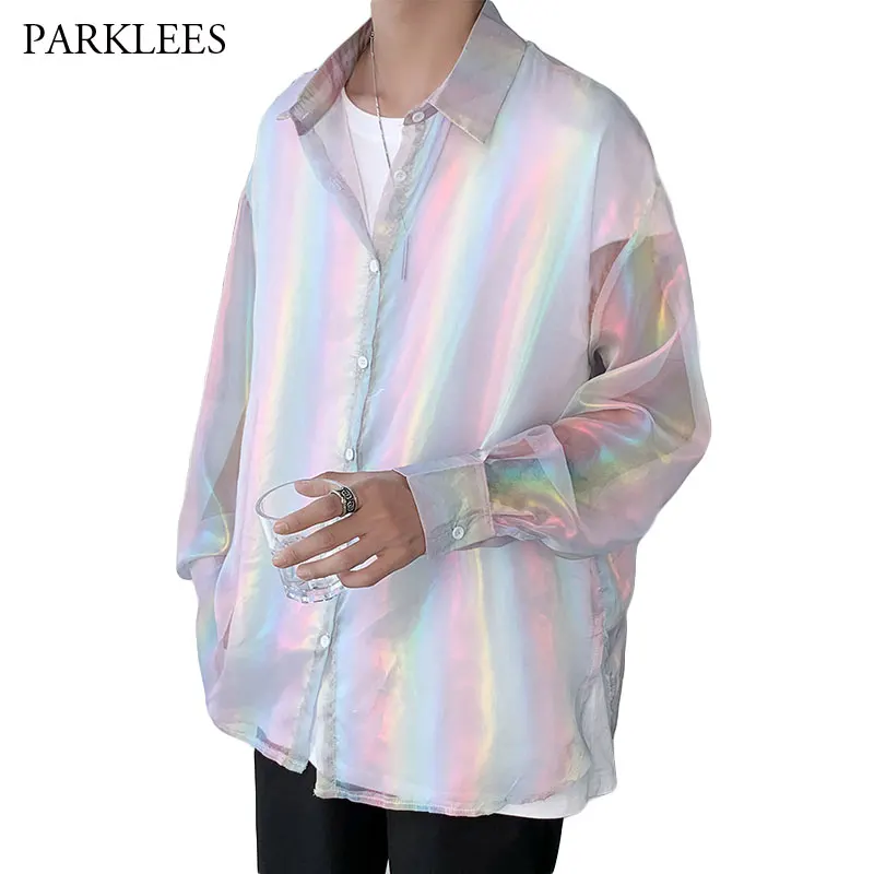 

Oversized Colorful Reflective Shirt Men Transparent Mens Reflective Hip Hop Harajuku Chemise Homme Vintage Rainbow Male Blouse