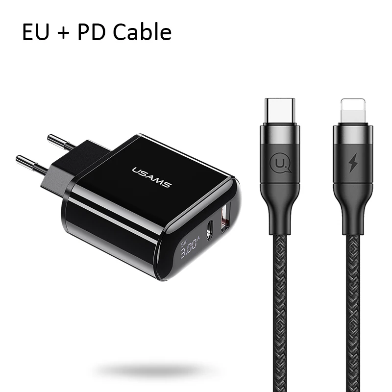 USAMS Quick Charge 3,0 USB зарядное устройство светодиодный дисплей 18 Вт QC3.0 PD 3,0 быстрое зарядное устройство для iPhone iPad Pro двойные порты, для мобильных телефонов зарядное устройство - Тип штекера: EU with PD Cable