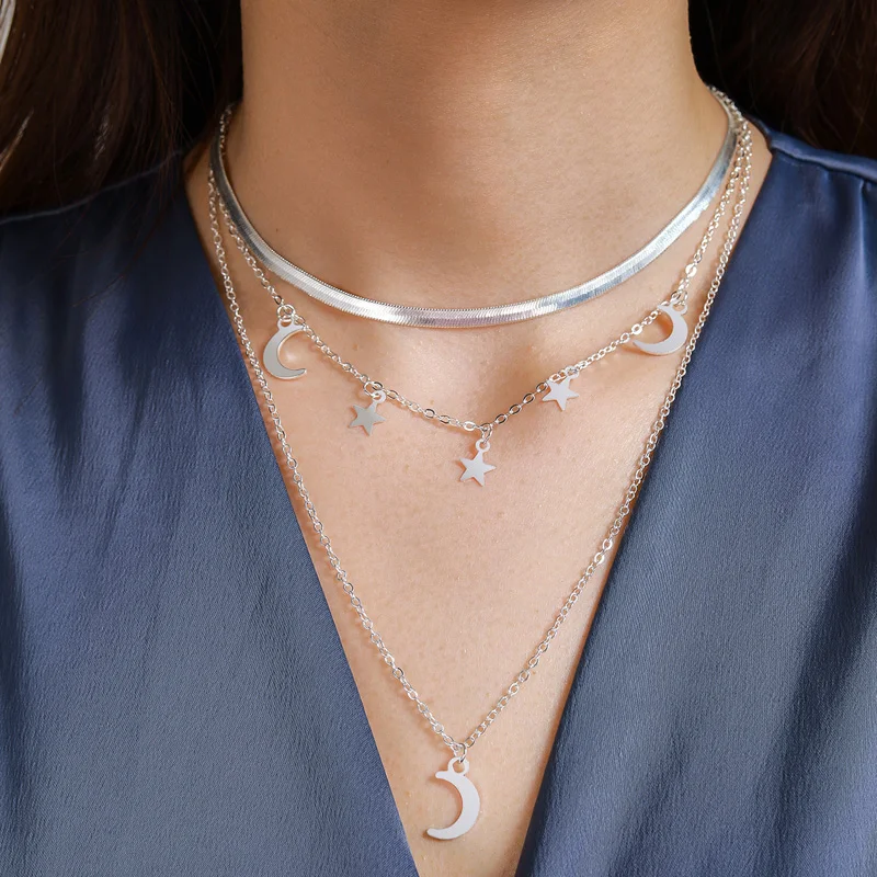 

HuaTang 2020 Boho Star Moon Pendant Necklace for Women Vintage Multilayer Silver Color Snake Chains Choker Ladies Party Jewelry