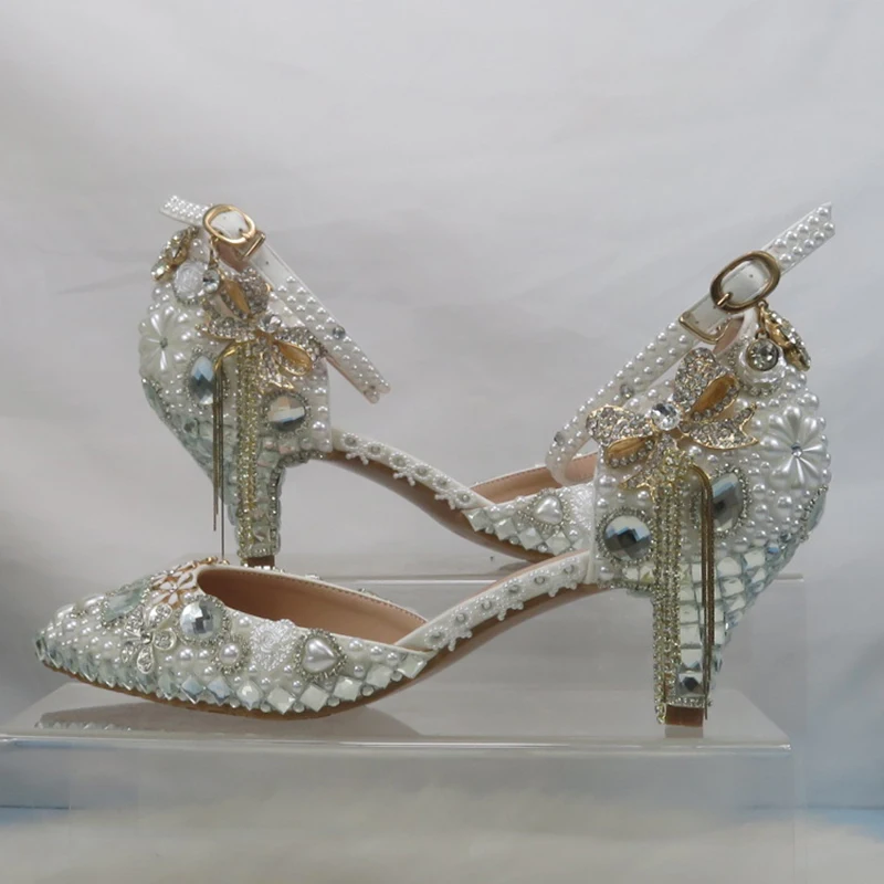 Womens Wedding Shoes Fashion Sandals Woman Thin Heel Tassel Crystal Party Dress Shoes Woman High Pumps Ivory Pearl