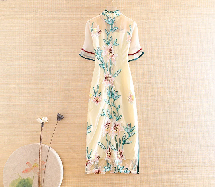 Высококачественное летнее модное женское Сетчатое платье Ципао с вышивкой в