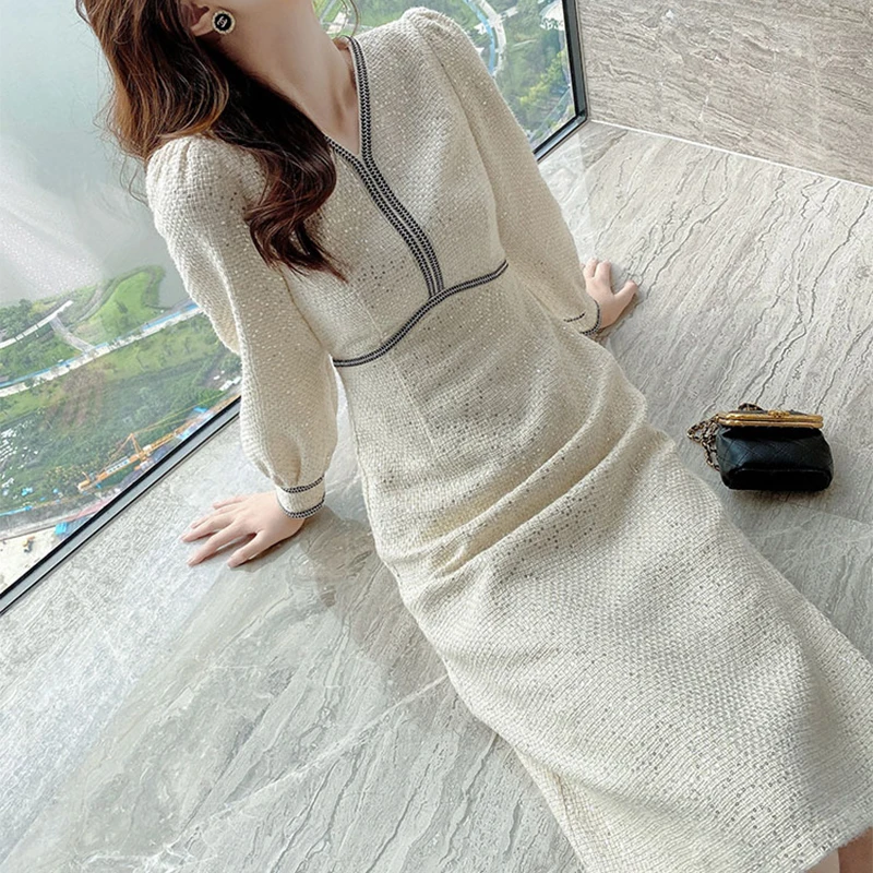 Женское шерстяное платье-макси с V-образным вырезом и блестками | Женская одежда