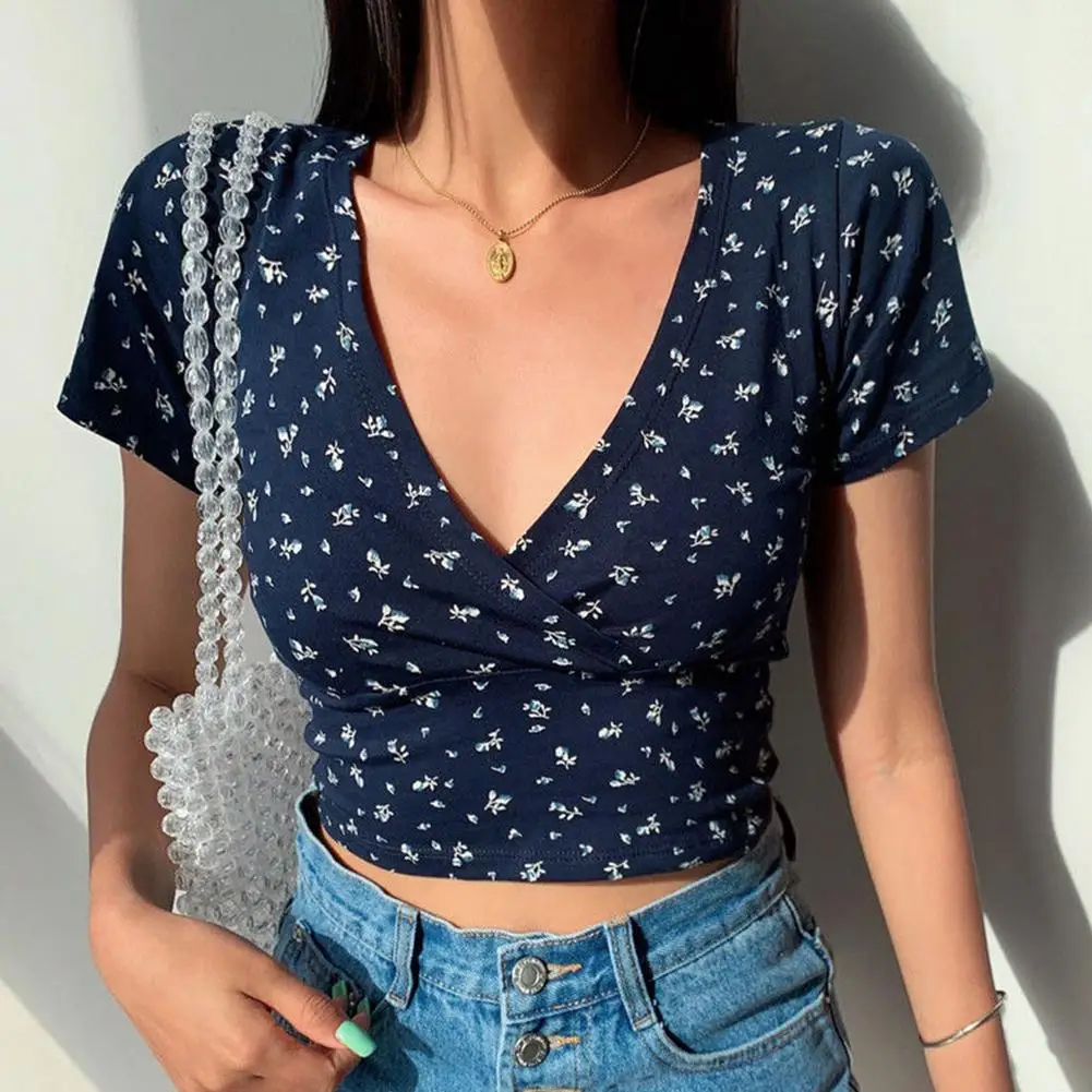

Women Crop Top V Neck Tight Floral Print Short Sleeve T Shirt Sexy Tight Attractive Fitness Printing Asymmetry Stitching
