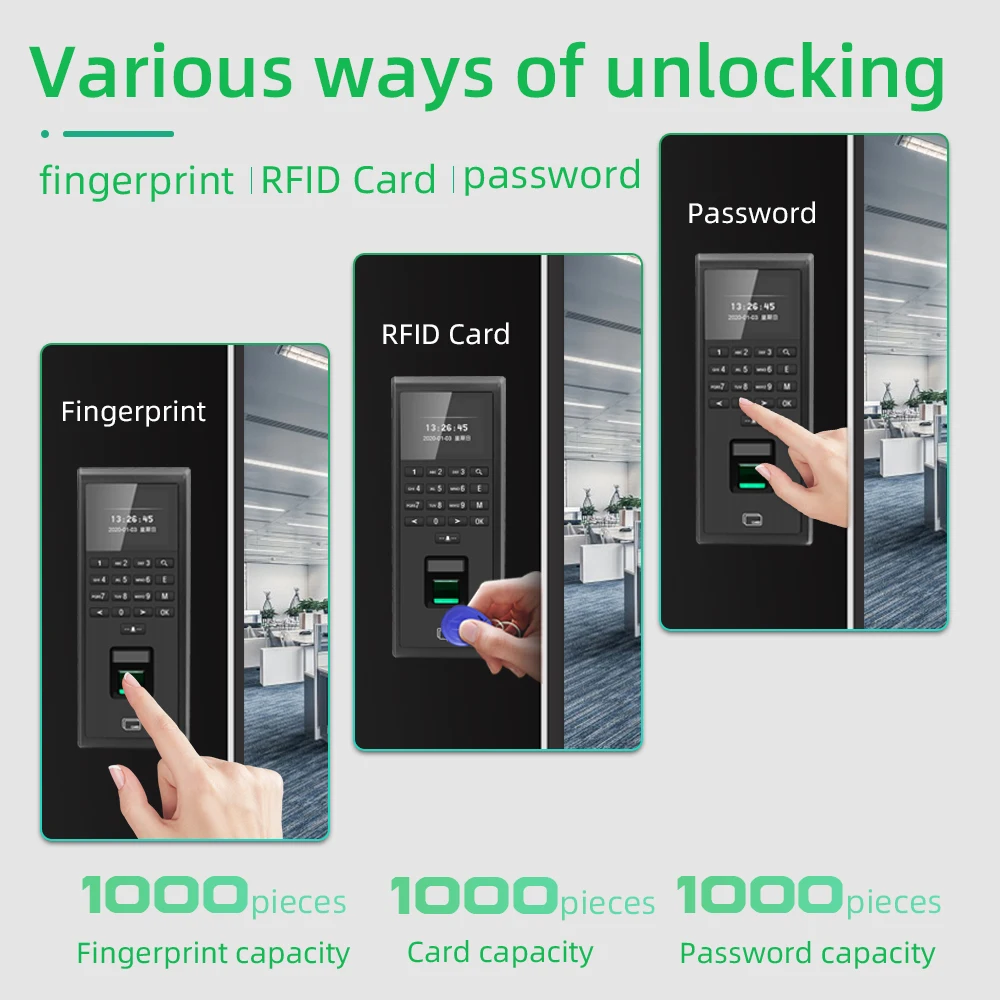 TCP/IP Fingerprint RFID 125KHZ Time Attendance smart door access control system kit Standalone Keypad 1000 Users 13.56MHZ card |
