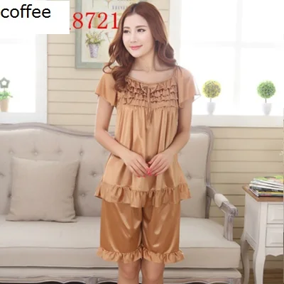 8721-coffee Новинка, женские летние пижамы и шорты, костюм большого размера, можно носить 100 кг, три вида воротников разных стилей S68 - Цвет: 8721-coffee