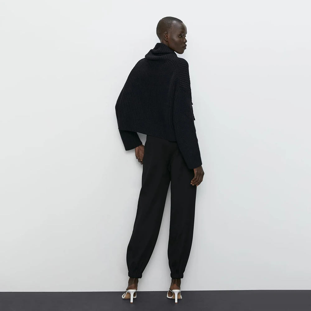 Новый Однотонный свитер ZA для женщин модный контрастный сшитый карман длинный