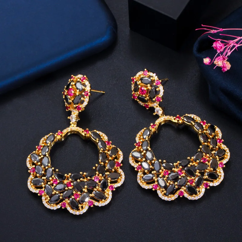 CWWZircons Luxury Designer Big Long Flower Drop Red Black Cubic Zirconia Stone Earring Yellow Gold Party Jewelry for Women CZ687 | Украшения