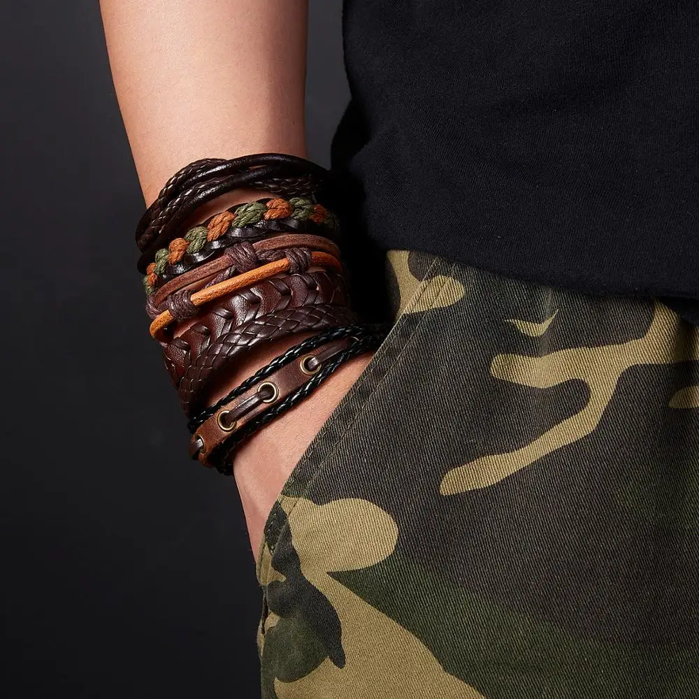 6 шт./компл. мужские кожаные браслеты в стиле ретро многослойные черные и